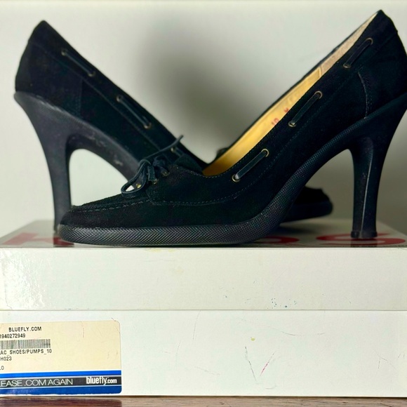 KORS Michael Kors Y2K Black Suede Penny Loafer Rubber Sole Pump Heels Size 10M - Picture 2 of 9